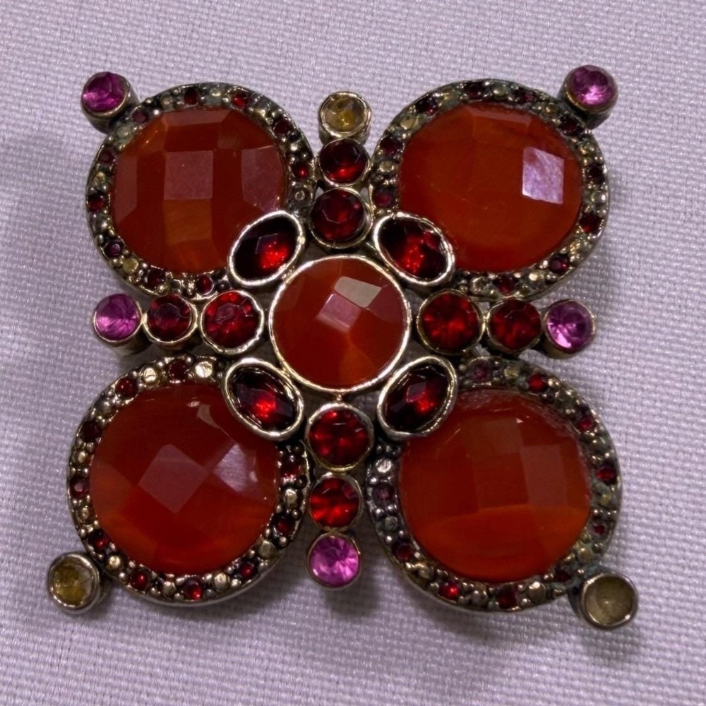 Monet Vintage Orange Red Rhinestone Quatrefoil Statement Brooch Pin Gold Tone